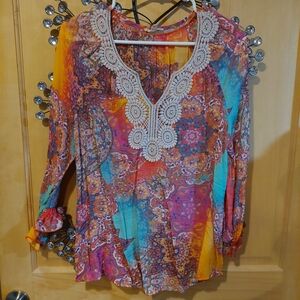 Vibrant Women's Boho Blouse with Lace Detail